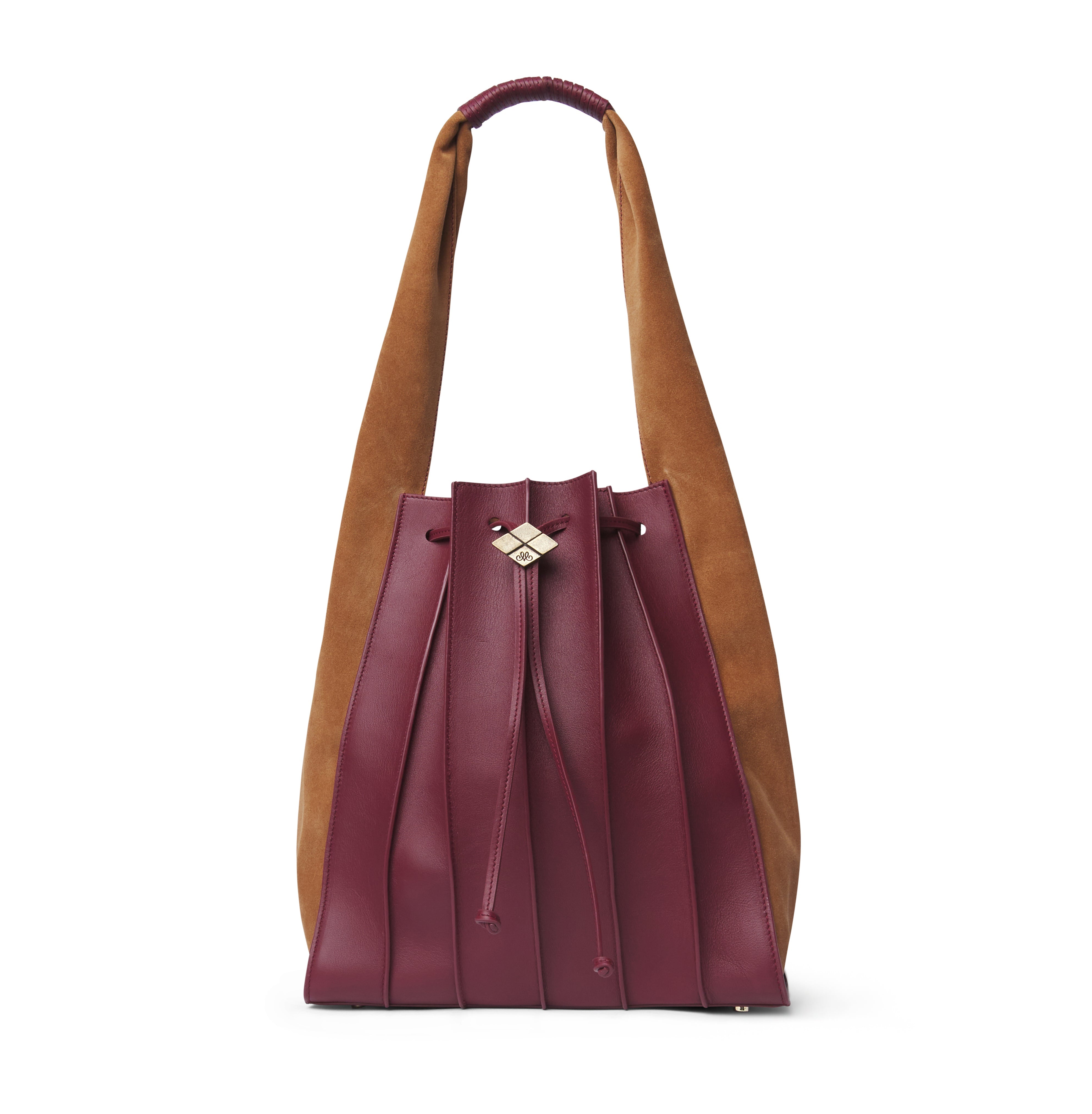 Bolso TABLAO Goya Borgoña. Bolso de mujer tipo saco bicolor, confeccionado en piel y ante en tonos burdeos y camel, con cierre de cordón ajustable y detalle metálico dorado.