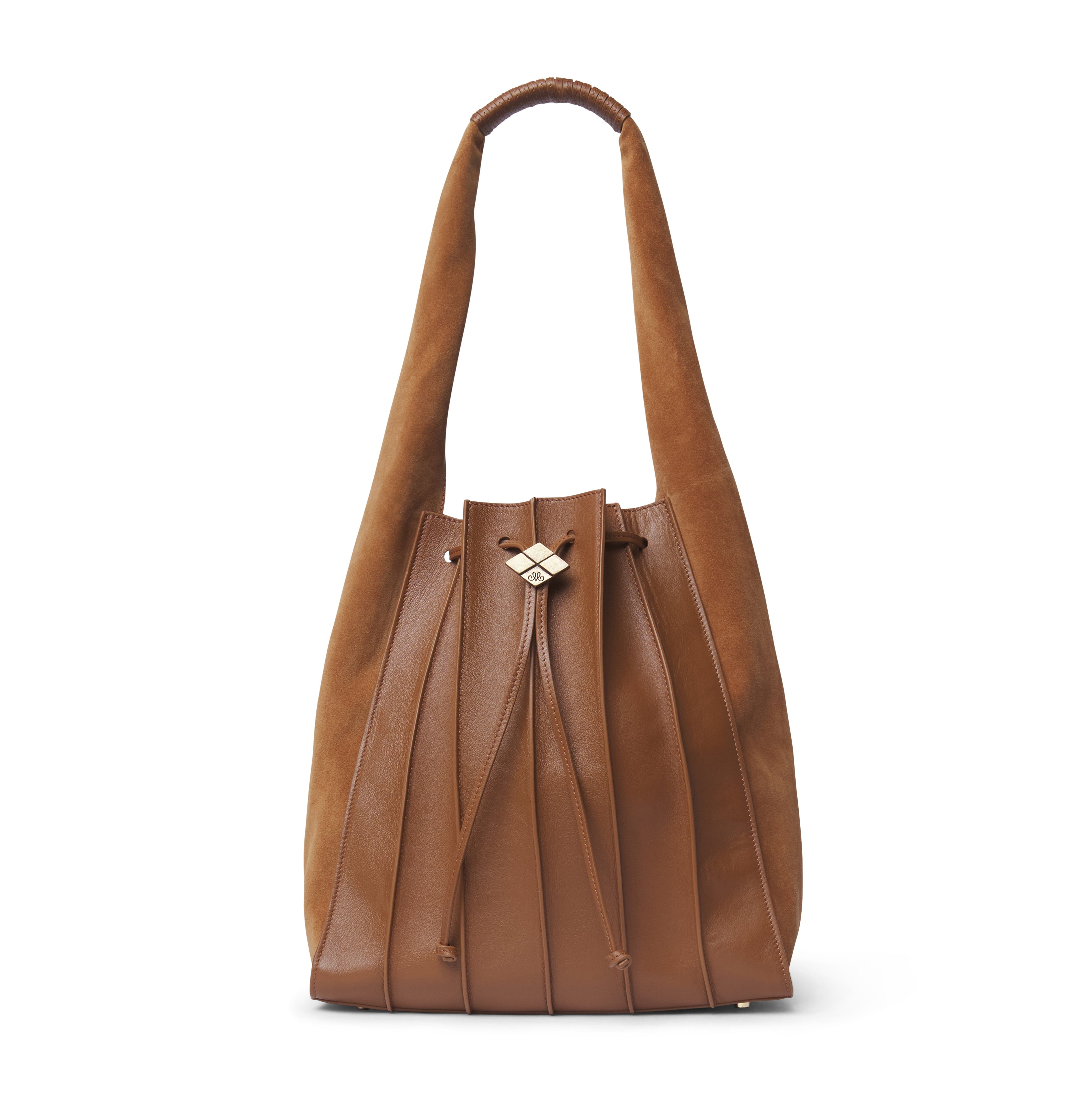 Bolso TABLAO Apache Rust. Bolso de mujer tipo saco bicolor, confeccionado en piel y ante en tonos camel, con cierre de cordón ajustable y detalle metálico dorado.