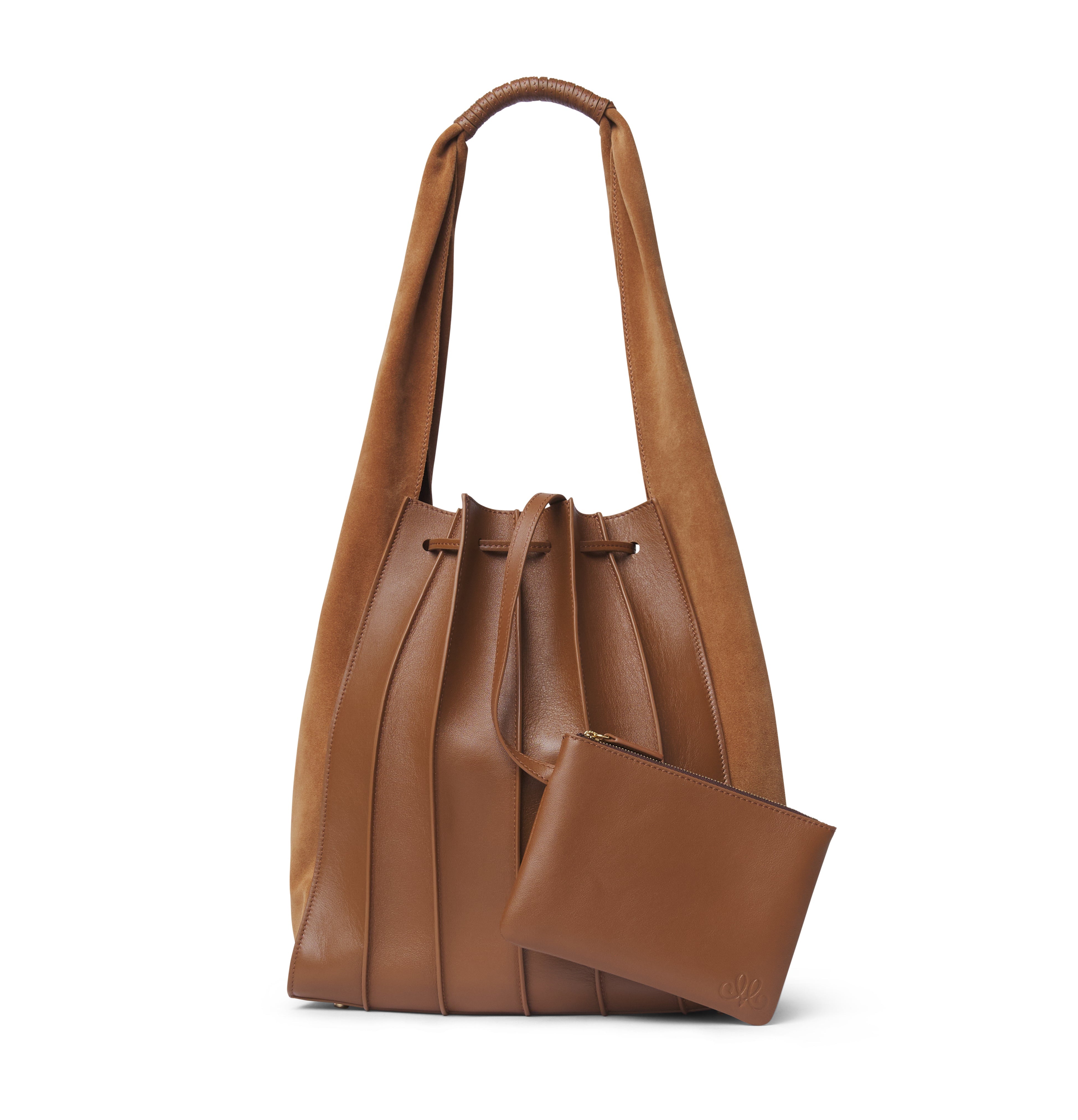 Bolso TABLAO Apache Rust. Bolso de mujer tipo saco bicolor, confeccionado en piel y ante en tonos camel, con cierre de cordón ajustable y detalle metálico dorado.
