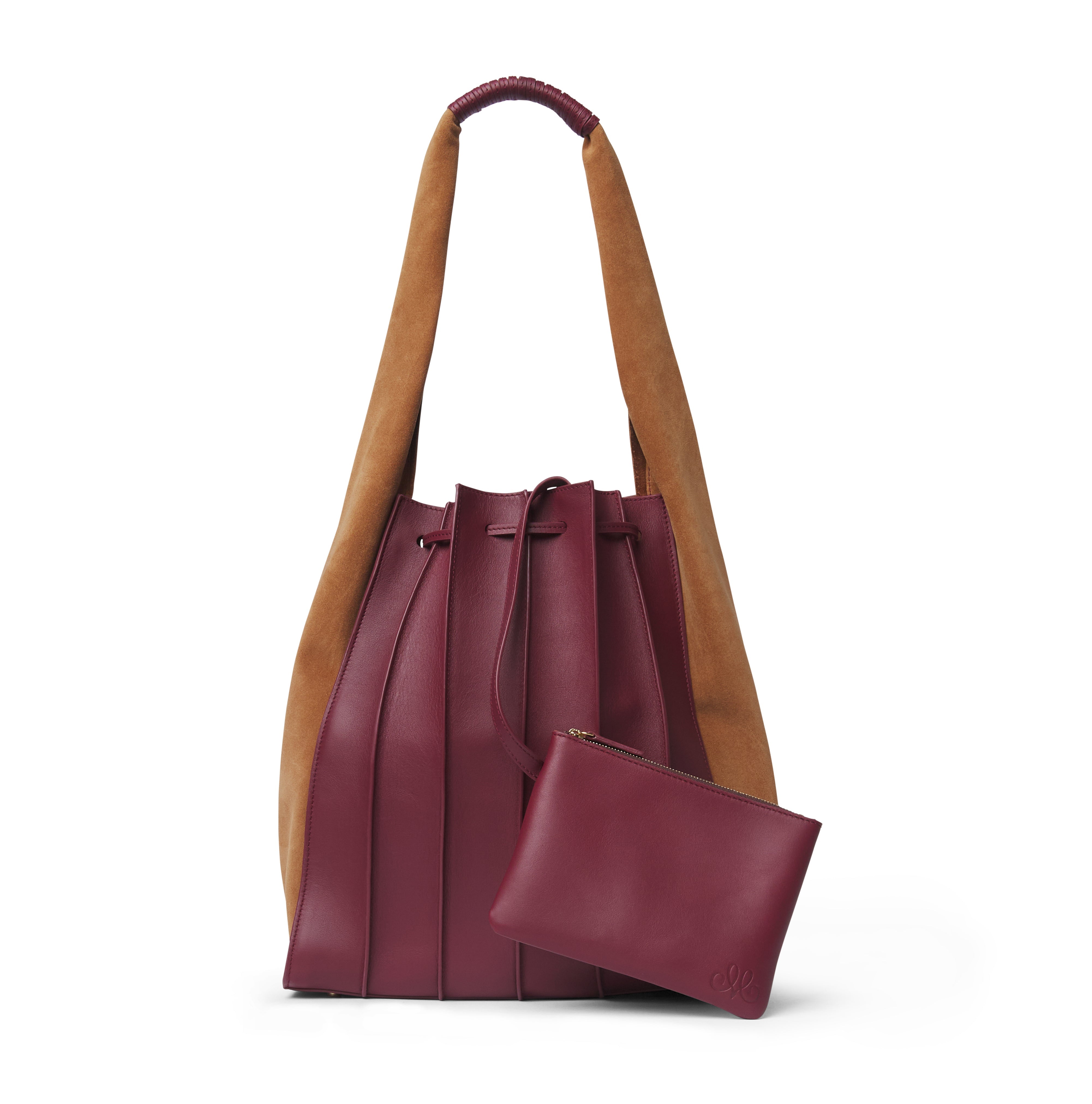 Bolso TABLAO Goya Borgoña. Bolso de mujer tipo saco bicolor, confeccionado en piel y ante en tonos burdeos y camel, con cierre de cordón ajustable y detalle metálico dorado.